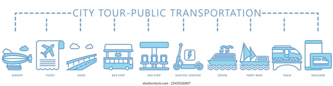 City tour, transporte público Anuncio de icono de doble tono. contiene dirigible, carretera, parada de autobús, crucero, tren, boleto, scooter, tarjeta y más. Vector EPS 10. para impresión, UI o UX kit, Web y desarrollo de App