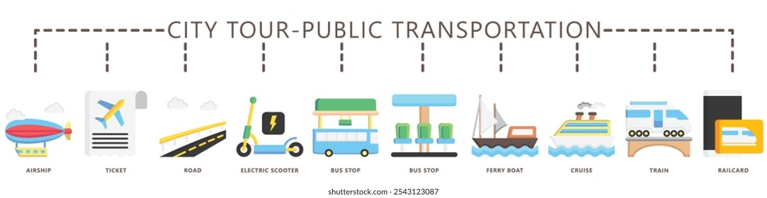 City tour, transporte público plana cor ícone banner. contém dirigível, estrada, parada de ônibus, cruzeiro, trem, bilhete, scooter, cartão e muito mais. Vetor EPS 10. para impressão, UI ou UX kit, web e desenvolvimento de aplicativos