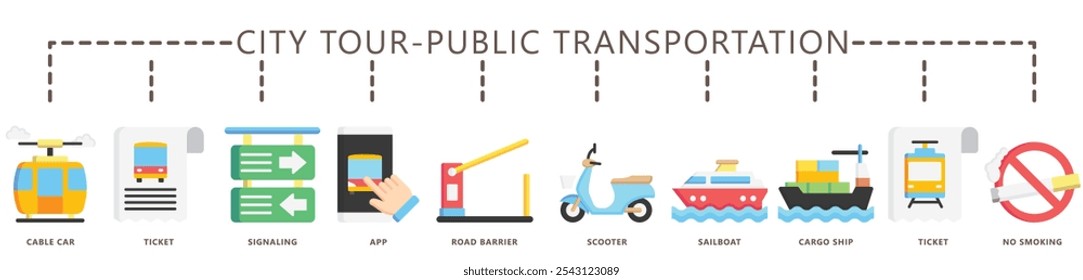 City tour, transporte público plana cor ícone banner. contém bilhete, trem, scooter, teleférico, placa de estrada, navio, aplicativo e muito mais. Vetor EPS 10. para impressão, UI ou UX kit, web e desenvolvimento de aplicativos.