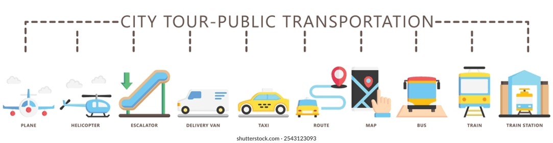 Excursão urbana, bandeira de ícone de cor plana de transporte público. contém avião, escada rolante, van, ônibus, mapa, helicóptero, trem, táxi e muito mais. Vetor EPS 10. para impressão, UI ou UX kit, web e desenvolvimento de aplicativos.