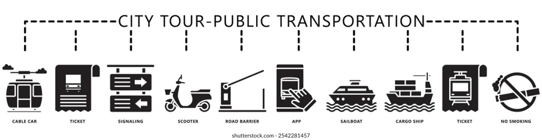 City tour, public transportation glyph icon banner. contain ticket, train, scooter, cable car, road sign, sailboat, ship, app and more. Vector EPS 10. for print, UI or UX kit, web and app development.