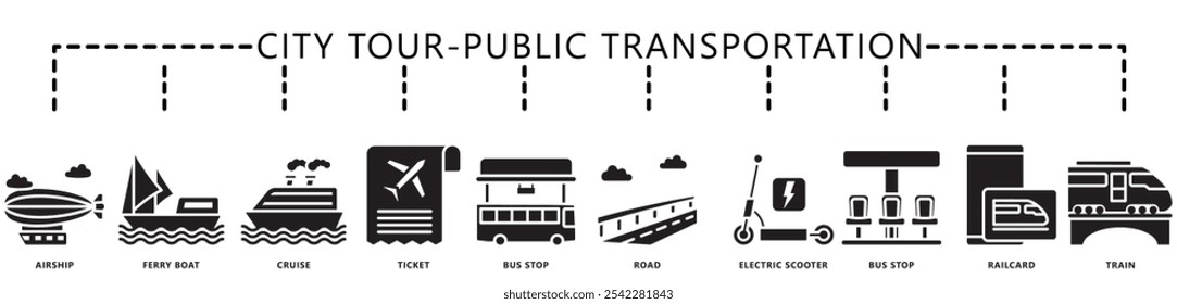 Visita de la ciudad, Anuncio del icono del glifo del transporte público. contiene el dirigible, la carretera, la parada de autobús, el crucero, el tren, el boleto, la vespa, la tarjeta y más. Vector EPS 10. para impresión, UI o UX kit, Web y desarrollo de App