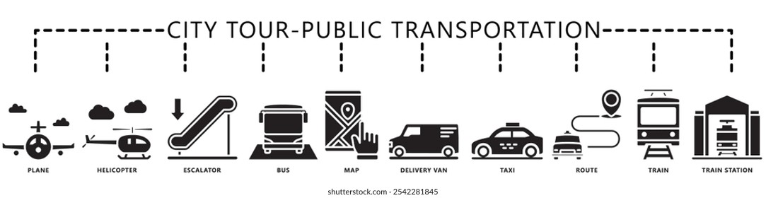 Tour pela cidade, faixa de ícone de glifo de transporte público. contém avião, escada rolante, van, ônibus, mapa, helicóptero, trem, rota, táxi e muito mais. Vetor EPS 10. para impressão, UI ou UX kit, web e desenvolvimento de aplicativos.