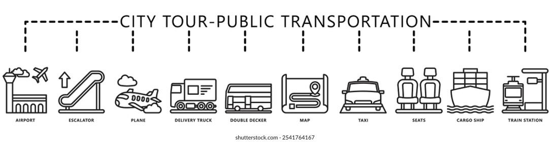 City tour, public transportation icon banner. contain ship, seat, escalator, truck, airplane, airport, map, bus, taxi, train and more. Vector EPS 10. for print, UI or UX kit, web and app development.