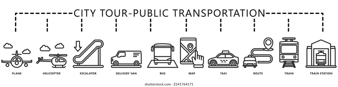 Tour pela cidade, faixa de ícone de transporte público. contém avião, escada rolante, van, ônibus, mapa, helicóptero, trem, rota, táxi e muito mais. Vetor EPS 10. para impressão, UI ou UX kit, web e desenvolvimento de aplicativos.