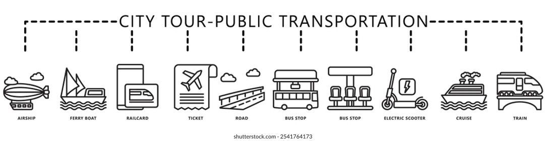 City tour, transporte público icono Anuncio. contiene dirigible, carretera, parada de autobús, crucero, tren, bote, boleto, scooter, tarjeta y más. Vector EPS 10. para impresión, UI o UX kit, Web y desarrollo de App.