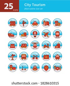 City Tourism filled outline icon set. Vector and Illustration.