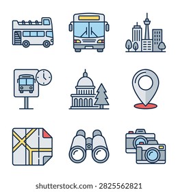 City tourism and sightseeing flat line icon set.