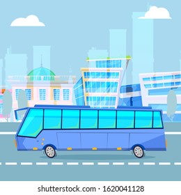 City tourist driving bus on cityscape cartoon vector illustration. City electric bus for tour, travelling or passangers, coach buses.