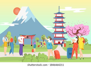 City tourist travel at flat culture Japan landmark, tourism vector illustration. Cartoon asia architecture, building and landscape design. People character at japanese vacation, traditional symbol.