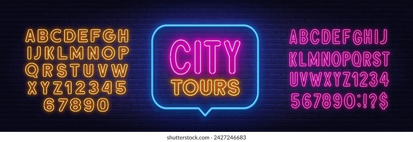 City Tours neon sign in the speech bubble on brick wall background