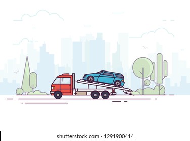 City tow truck on city road. Urban background, skyscrapers and buildings, park and trees. Emergency assistance on the road concept with city background. Modern line vector illustration. Evacuator.