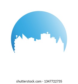 city tower building in blue circle background