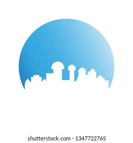 city tower building in blue circle background