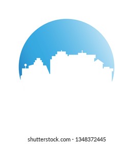 city tower building in blue circle background
