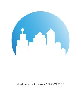 city tower building in blue circle background