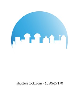 city tower building in blue circle background