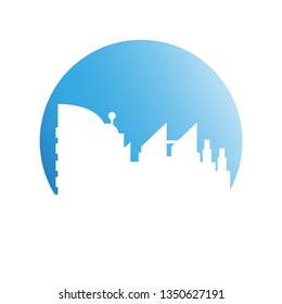 city tower building in blue circle background