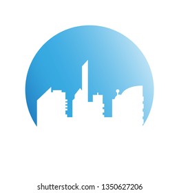 city tower building in blue circle background