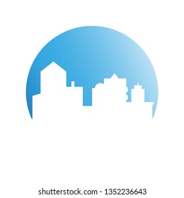 city tower building in blue circle button