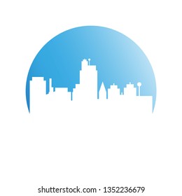 city tower building in blue circle button