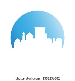 city tower building in blue circle button