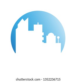 city tower building in blue circle button