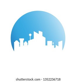city tower building in blue circle button
