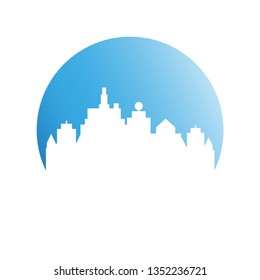 city tower building in blue circle button