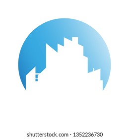 city tower building in blue circle button