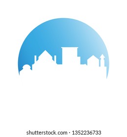 city tower building in blue circle button