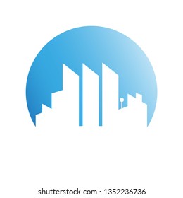 city tower building in blue circle button
