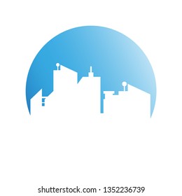 city tower building in blue circle button