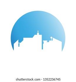 city tower building in blue circle button