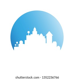 city tower building in blue circle button