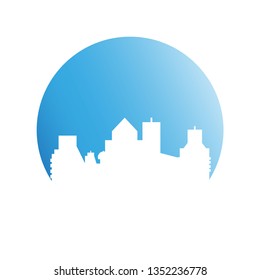 city tower building in blue circle button