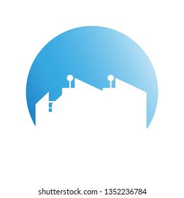 city tower building in blue circle button