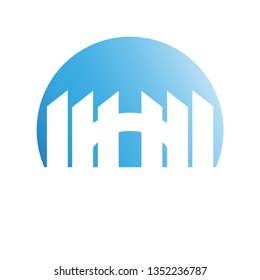 city tower building in blue circle button