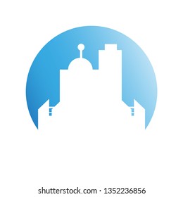 city tower building in blue circle button