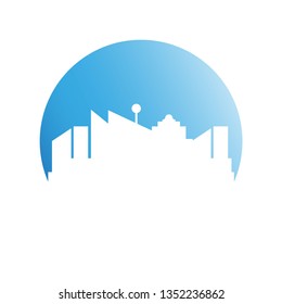 city tower building in blue circle button