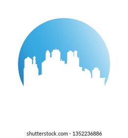 city tower building in blue circle button