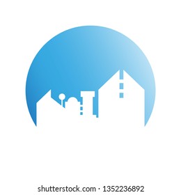 city tower building in blue circle button