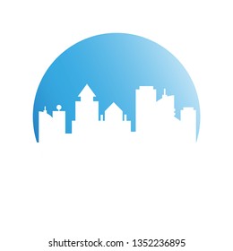 city tower building in blue circle button