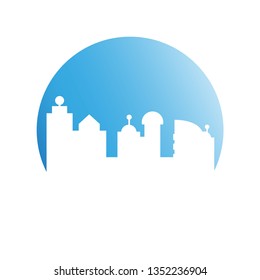 city tower building in blue circle button
