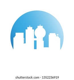 city tower building in blue circle button