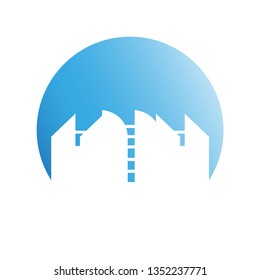 city tower building in blue circle button