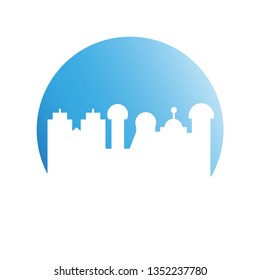 city tower building in blue circle button
