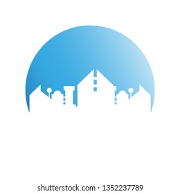 city tower building in blue circle button