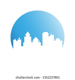city tower building in blue circle button