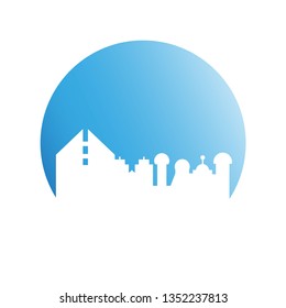city tower building in blue circle button